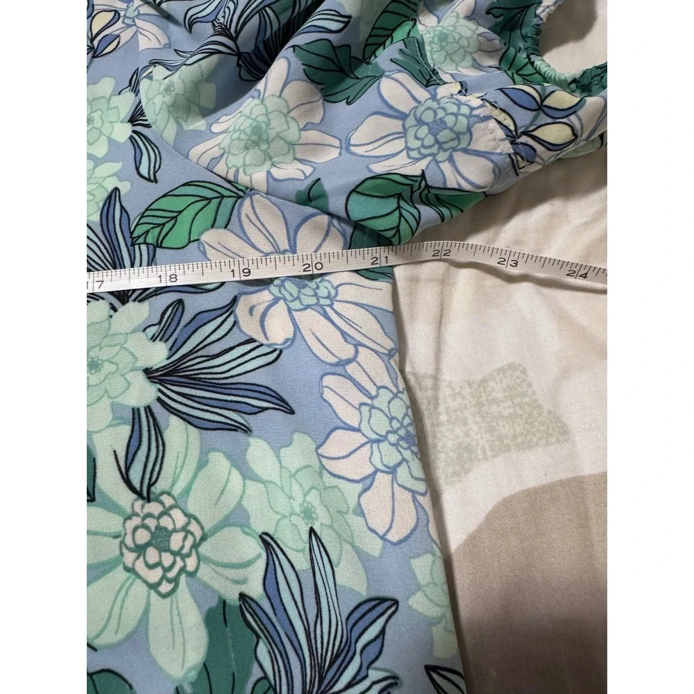 LOFT Floral Puff Sleeve Top Light Blue Green White Women's Medium M